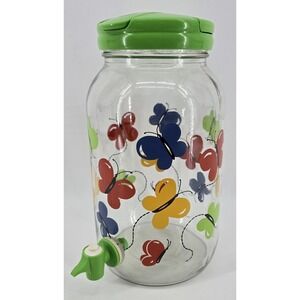 Vtg Y2K Sun Tea Glass Jar Multicolor Butterflies Beverage Jug Green Lid Spout
